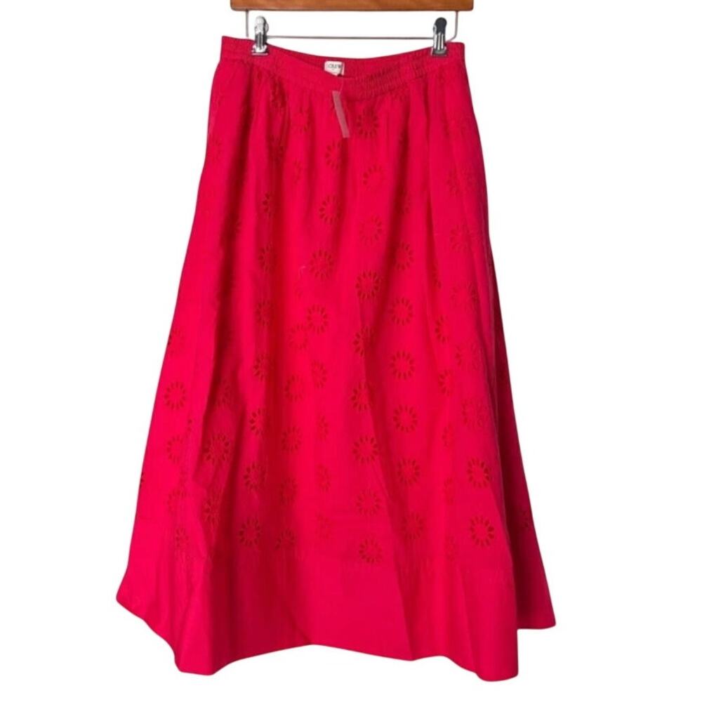 J.Crew Red Eyelet Smocked Waist Midi Skirt M